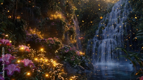 A hidden fairytale garden at dusk  glowing with fireflies and cascading waterfalls.