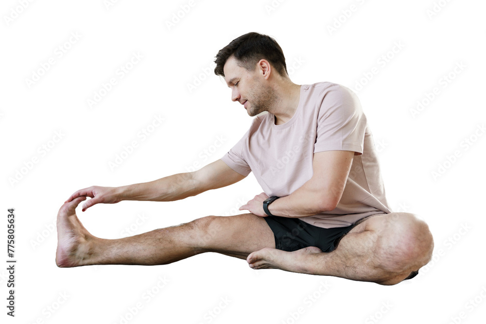 A flexible man doing a workout in fitness clothes, a warm-up exercise for the body. Isolated transparent background. A flexible man doing a workout in fitness clothes, a warm-up exercise for the body. Isolated transparent background.