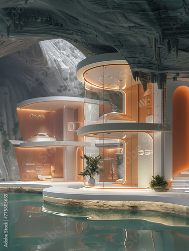 The luxurious modern design of spa center in a cave with a termal salt pool of unique boutique hotel photo