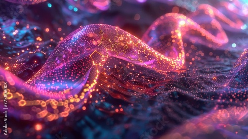 Holographic DNA representation amid cutting-edge technology. Dynamic display of genetic code. Holographic DNA display.