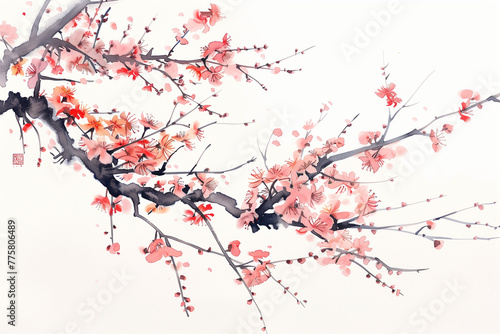 Japanese cherry blossom branch in watercolor style