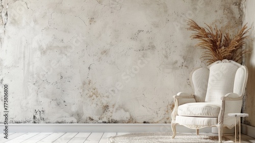 Vintage armchair with beige upholstery next to pampas grass decor against a distressed white wall
