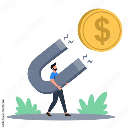 Flat vector illustration. Man big magnet attracts money, concept of big earnings . Vector illustration