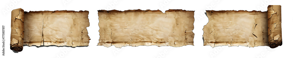 Set of old vintage blank paper scroll and parchment texture isolated on empty, png background, generative ai