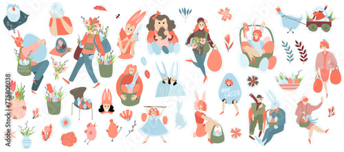 Large set of vector Easter illustrations on a white isolated background. Girls with baskets and flowers and Easter eggs on a white isolated background.