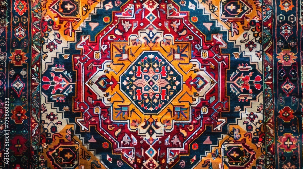 Traditional hand-woven Persian rug with intricate designs and vibrant colors. Detailed craftsmanship and ethnic patterns. Cultural heritage and artistry.