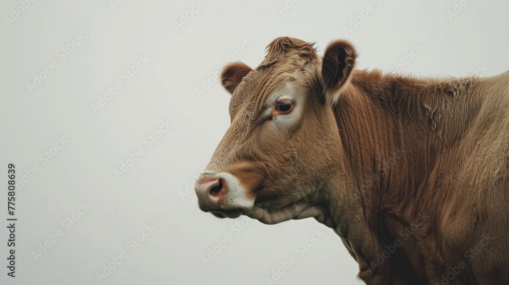 Solitary cow stands against clear, neutral background highlighting sustainable livestock farming and organic agriculture. Sustainable farming practices. Solitary cow stands against clear, neutral background highlighting sustainable livestock farming and organic agriculture. Sustainable farming practices.