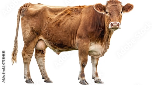 Single brown cow standing isolated on white background, displaying full body from side view. Farm animals and agriculture.