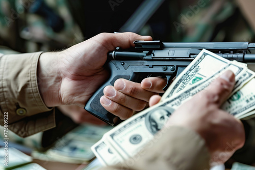 Exchange of handgun for money close-up. photo