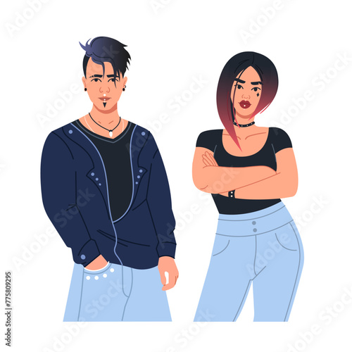 A young man and a woman of informal appearance with brightly colored hair. Flat Vector