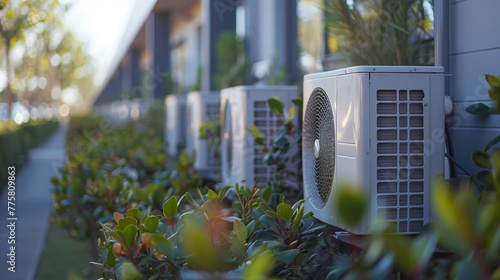 Modern air conditioning units in suburban setting