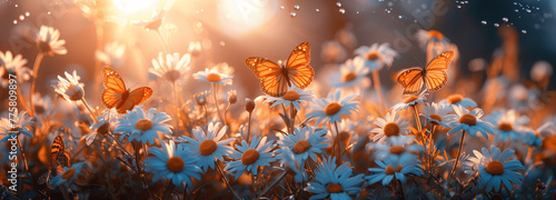 Flügelschlag: Schmetterling und Gänseblümchen im Morgenlicht photo