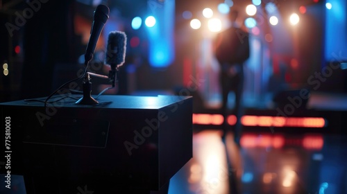 Professional speaker preparing to address audience at corporate event with microphone and stage lighting. Public speaking and corporate events.