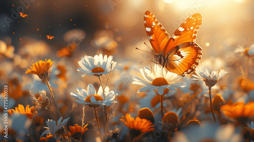 Flügelschlag: Schmetterling und Gänseblümchen im Morgenlicht