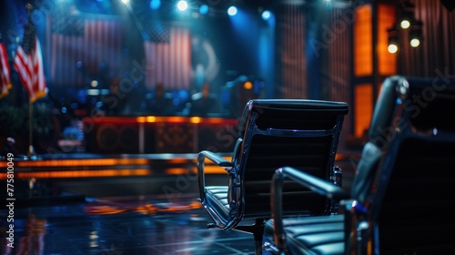 Professional black office chair in well-lit television studio set, awaiting guest or presenter for upcoming broadcast. Behind-the-scenes media production.