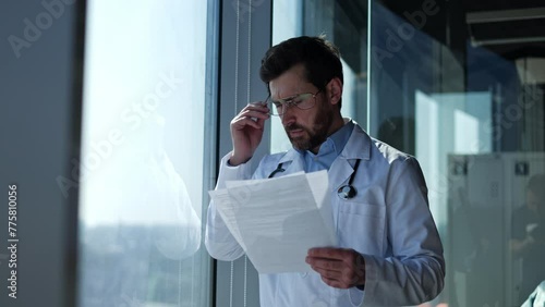 Concerned male oncologist in white coat standing by window and reading test results while getting upset. Medical worker taking off glasses while feeling disappointed because unhelpful treatment. photo