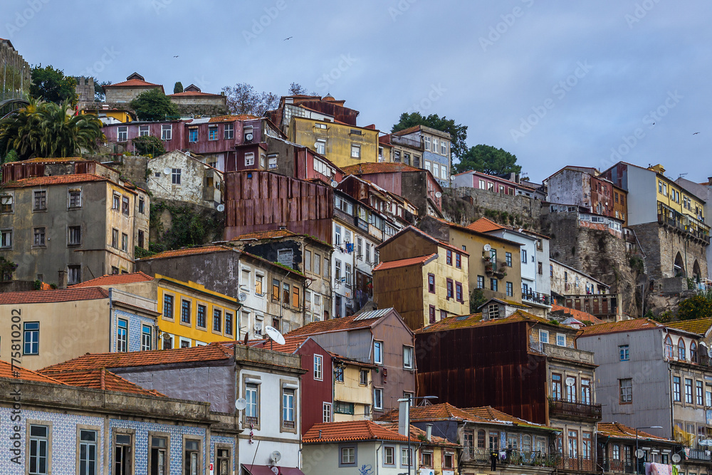 Houses over Douro River in historic part of Porto, Portugal