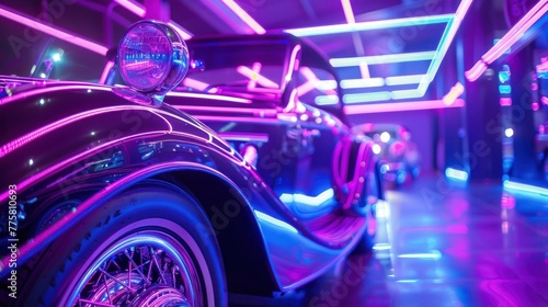 Vintage cars on display illuminated by neon lights, showcasing classic automotive design and retro style in vibrant night setting. Automobile appreciation and history. photo