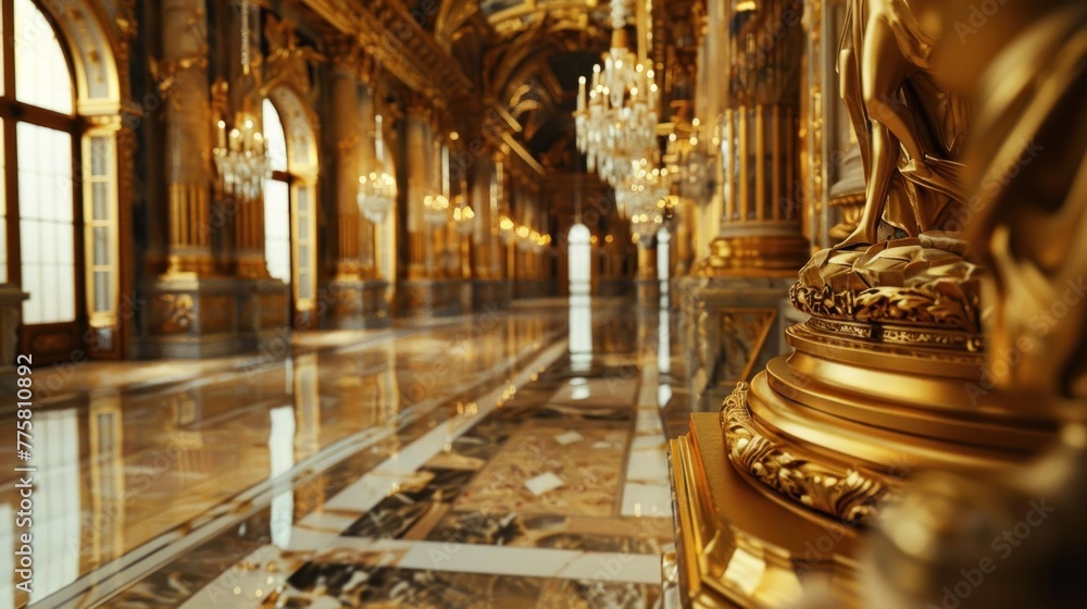 Opulent grand hall with golden details and crystal chandeliers ...