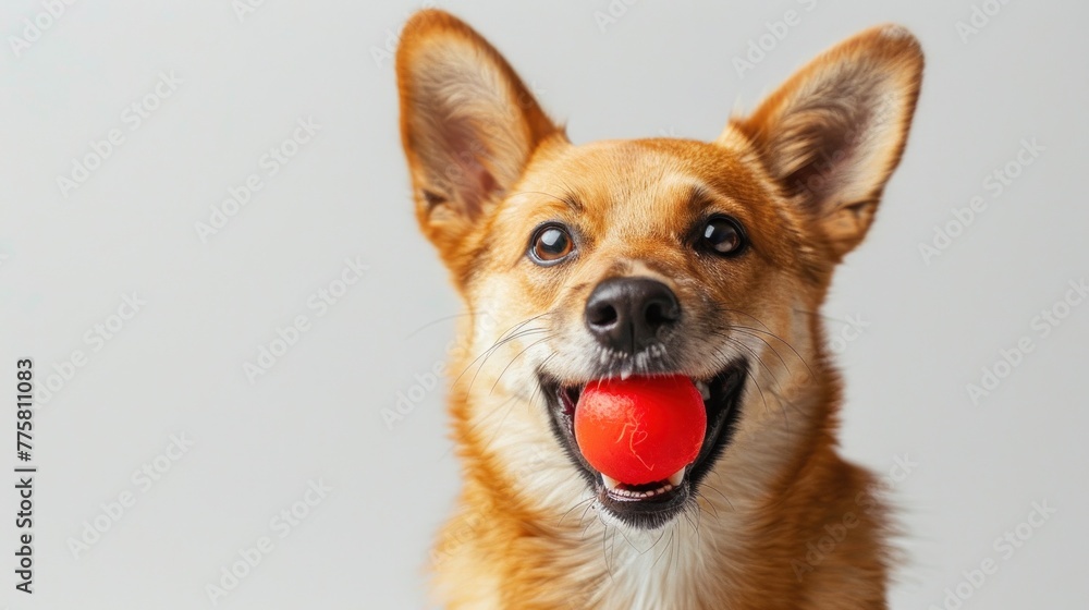 Smiling Pembroke Welsh Corgi dog holding red ball in mouth against light grey background, showcasing pet happiness and vitality. Dogs and their favorite toys.
