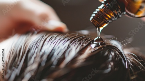 Applying essential oil to hair for treatment and growth stimulation.
