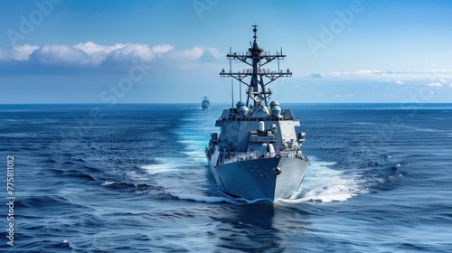 Military naval ships on mission patrolling ocean waters, demonstrating maritime strength and global defense capabilities. Naval force and sea power.