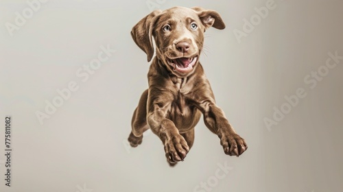 Energetic chocolate Labrador retriever puppy mid-jump against neutral background, capturing essence of pet vitality and playful canine moments. Domestic animal behavior.