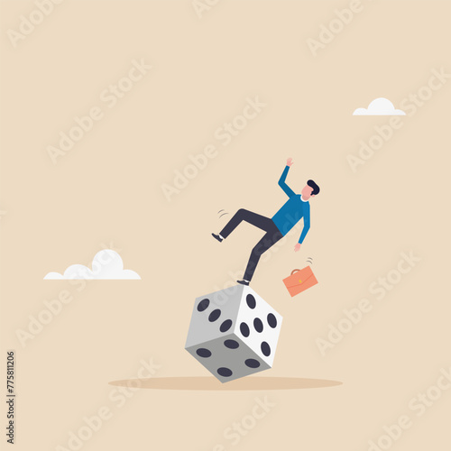 A greedy investor would dare try to balance himself by spinning unstable dice. Investment risk, stock trader, gambling, uncertainty, possibility of losing money.
