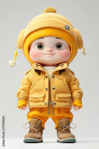 A doll dressed in a yellow jacket and hat.