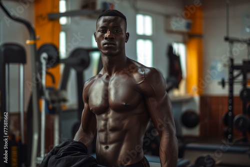 Robust African man sport gym. Training workout. Generate Ai