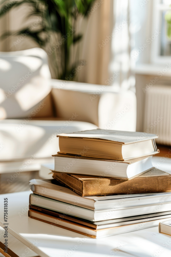 Close-up of books in a modern apartment interior in white and beige colors Close-up of books in a modern apartment interior in white and beige colors