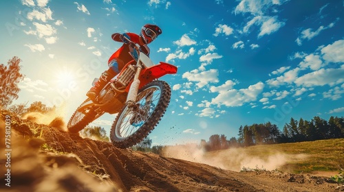 Motocross racing action on a sunny dirt track photo