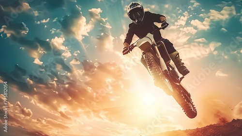 Motocross athlete soaring against a sunset sky