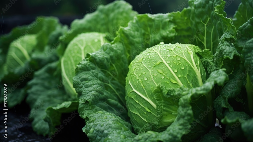 Fresh cabbages with water droplets in a field. Close-up shot. Fresh cabbages with water droplets in a field. Close-up shot.