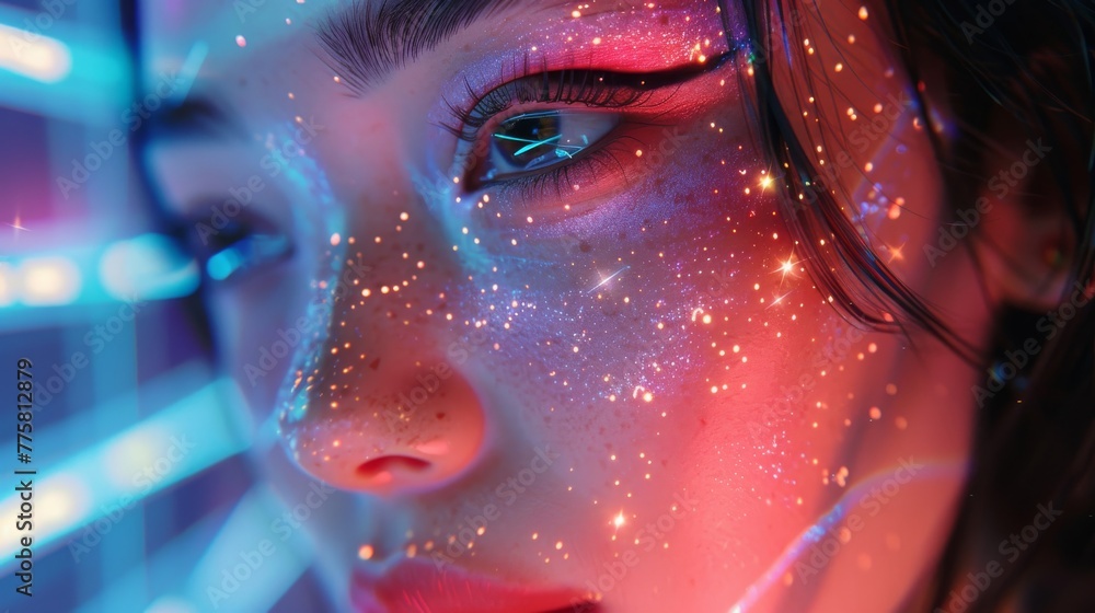 Close-up portrait of a woman with neon glitter makeup, highlighting her facial features and vibrant artistic expression.
Close-up portrait of a woman with neon glitter makeup, highlighting her facial features and vibrant artistic expression.