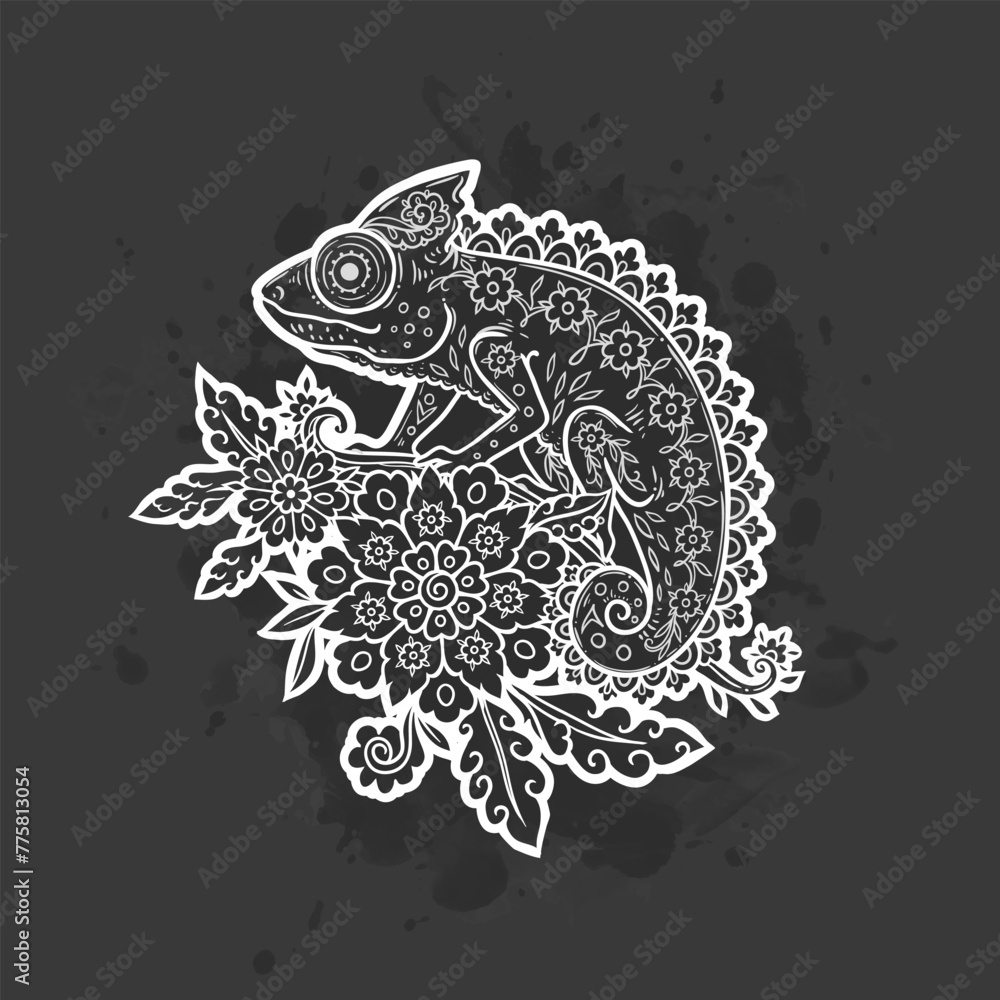 Chameleon mandala. Animal Vector illustration Ornamental flower in Zen boho style. Antistress lizard drawing. Black and White