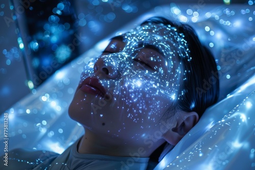A serene portrait of a young child sleeping, surrounded by mesmerizing glowing lights evoking a sense of wonder and dreams photo