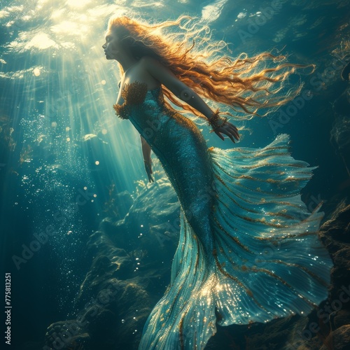 Mythical mermaid girl underwater with a beautiful fish tail. Concept: mythological creature, water deity photo