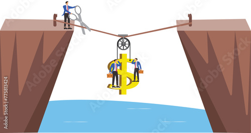 Reduce or release dollar debt, get rid of dollar bondage or debt, businessman holding scissors to cut the rope hanging heavy dollar sign