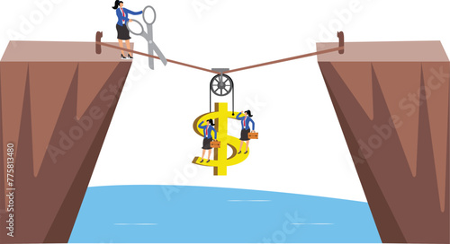 Reduce or release dollar debt, get rid of dollar bondage or debt, businesswoman holding scissors to cut the rope hanging heavy dollar sign