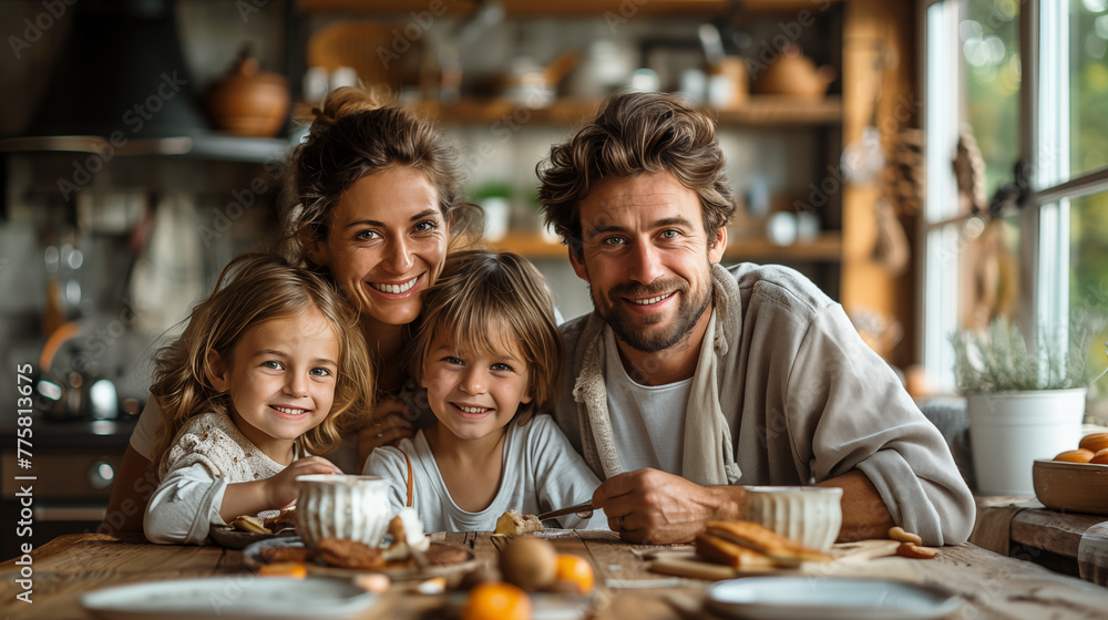 happy family with two kids sitting at table and looking at camera in kitchen happy family with two kids sitting at table and looking at camera in kitchen