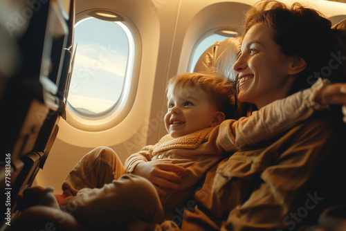 Happy mother sitting near the window, she holding a baby in her arms, traveling by plane together.