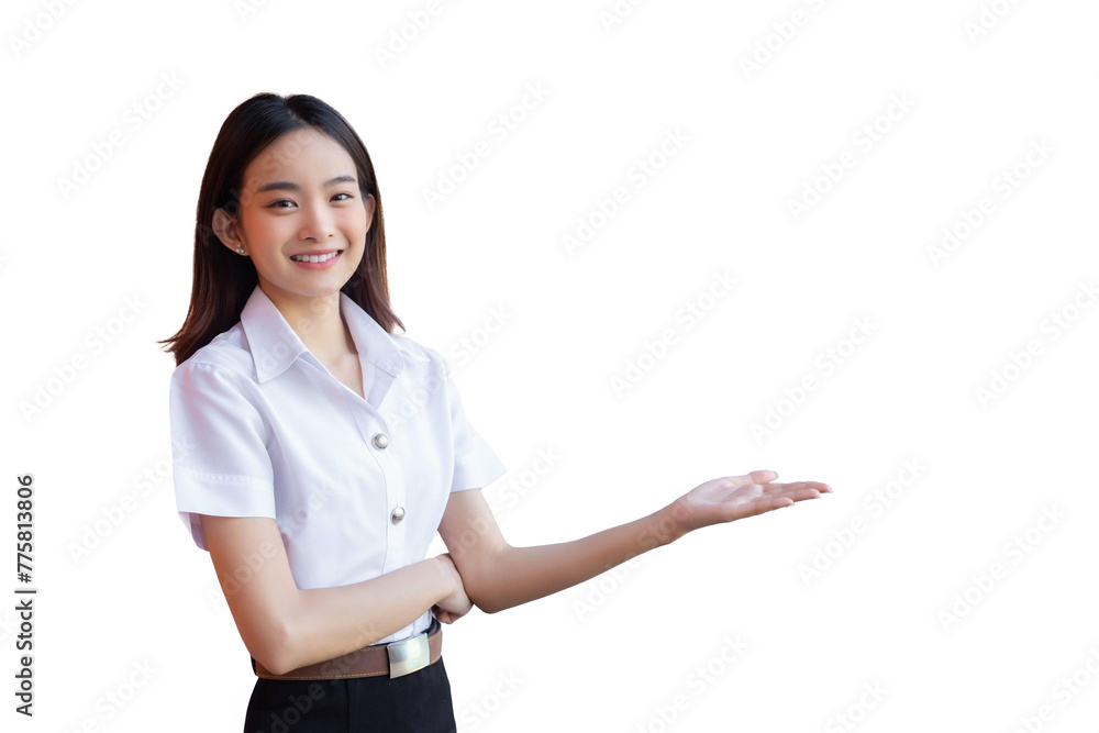 Asian beautiful young woman student is smiling and looking at camera standing to present something confidently in university while isolated white background. Asian beautiful young woman student is smiling and looking at camera standing to present something confidently in university while isolated white background.