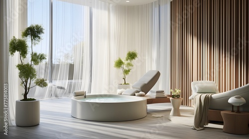 Interior of modern living room with round white bathtub  panorama