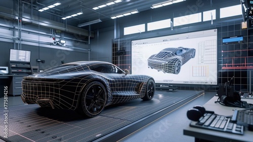 A virtual prototype of a car being tested in a simulation environment.