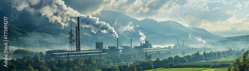 A vivid scene of an industrial factory with smokestacks emitting smoke photo