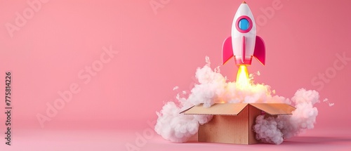 A whimsical concept of a toy rocket blasting off from a cardboard box against a pink background. © Creative_Bringer