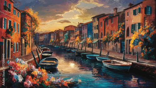 Tranquil Waters Capturing the Charm of Canal-side Architecture and Serene Sunsets in a Vibrant Painting photo