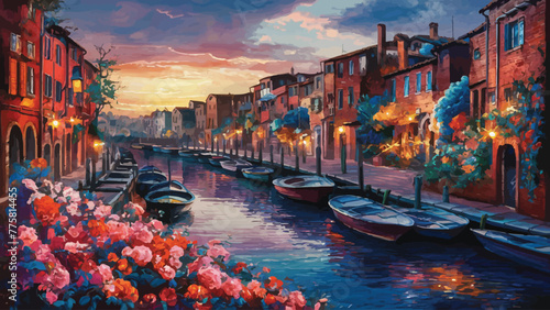 Tranquil Waters Capturing the Charm of Canal-side Architecture and Serene Sunsets in a Vibrant Painting