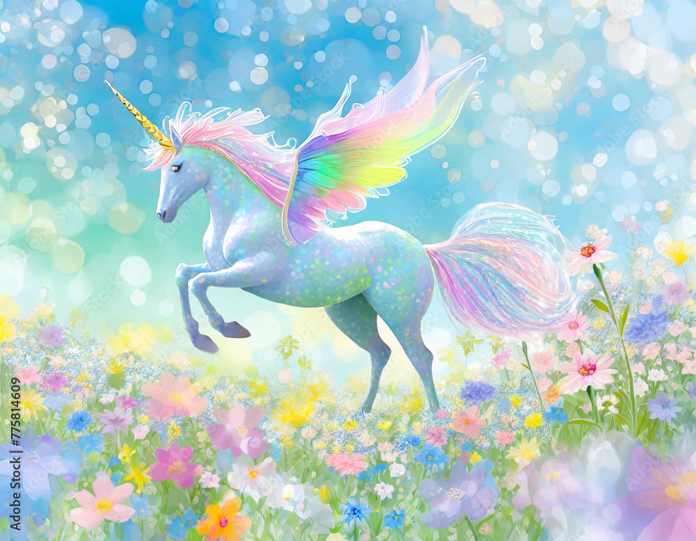 Obraz premium カラフルな春の花畑で、ユニコーンが青空に舞い上がる